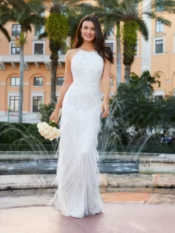 Adrianna Papell 40313 Fringe Skirt Halter Neck Bridal Dress