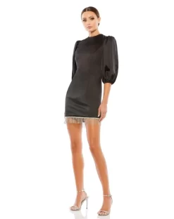 Ieena For Mac Duggal 26672 Fringe Hem Puff Sleeve Dress