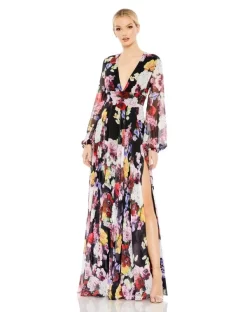 Ieena For Mac Duggal 55660 Floral Print Plunging Neck Dress