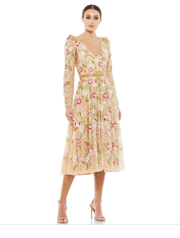 Mac Duggal 5415 Floral Beadwork Long Sleeve Dress