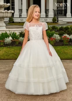 Marys Angel MB9097 Illusion Neckline Puff Sleeve Flower Girl Dress