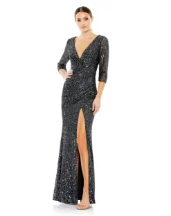 Ieena For Mac Duggal 42015 Three Quarter Sleeve Ruched Dress -Fashion Gown mdgpm s22 42015 bi 04