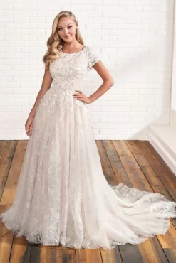 Modest Bridal By Mon Cheri MOD200 Scoop Neck Floral Wedding Dress