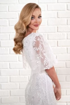 Modest Bridal By Mon Cheri MOD201 Godet Skirt V-Neck Wedding Dress -Fashion Gown modest bridal by mon cheri mod201 godet skirt v neck wedding dress 04.1016