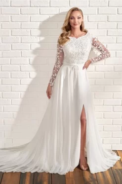 Modest Bridal By Mon Cheri MOD202 Long Sleeve High Slit Wedding Dress