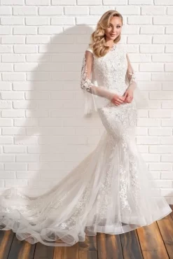 Modest Bridal By Mon Cheri MOD205 Jewel Neck Sheer Sleeve Wedding Gown