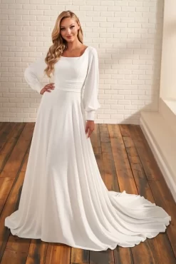 Modest Bridal By Mon Cheri MOD217 Square Neck Lace Belt Wedding Dress