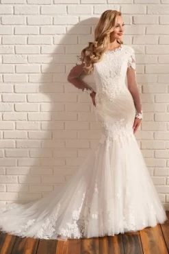 Modest Bridal By Mon Cheri MOD218 Illusion Sleeve Lace Wedding Gown