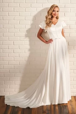 Modest Bridal By Mon Cheri MOD220 Flutter Sleeve V-Neck Wedding Gown