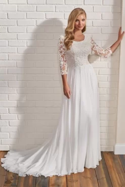 Modest Bridal By Mon Cheri TR22186 Sheer Sleeve Lace Top Wedding Gown