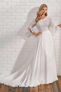 Modest Bridal By Mon Cheri TR22187 Bell Sleeve V-Neck Wedding Gown