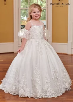 Rachel Allan RB9118 Scallop Train Detachable Sleeve Flower Girl Dress